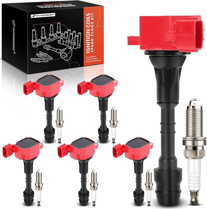 A-Premium Red Ignition Coil & Iridium Spark Plugs Compatible with Niss