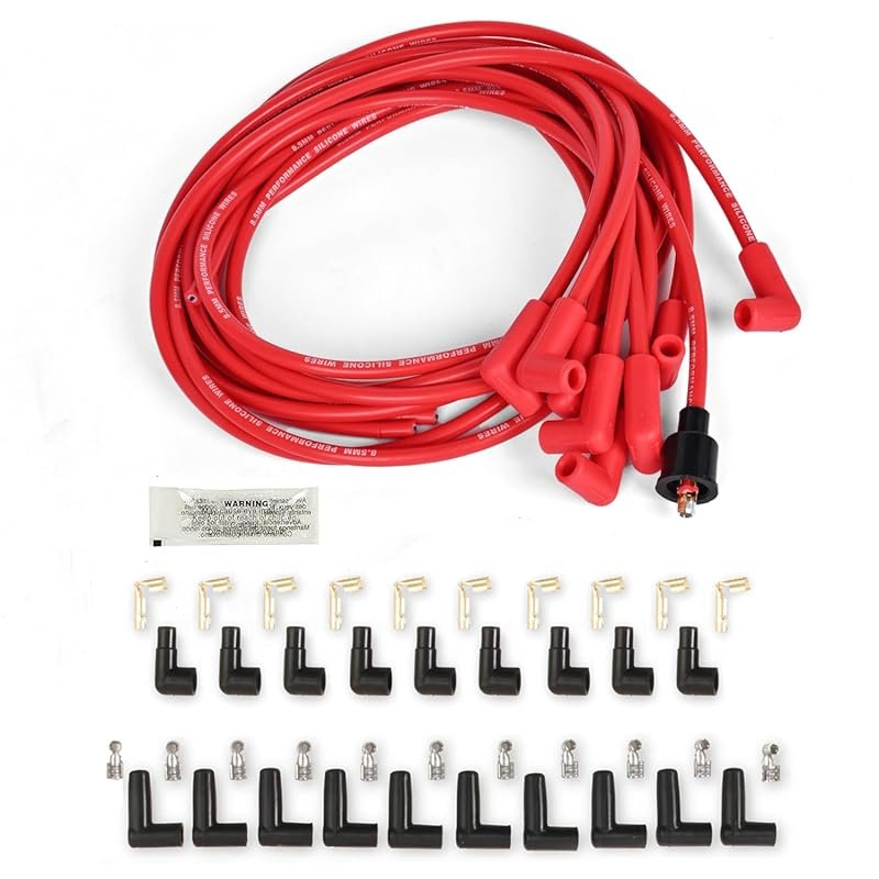 Universal 8.5mm Spark Plug Wire Set with Red HEI 90 Degree Boots Repla