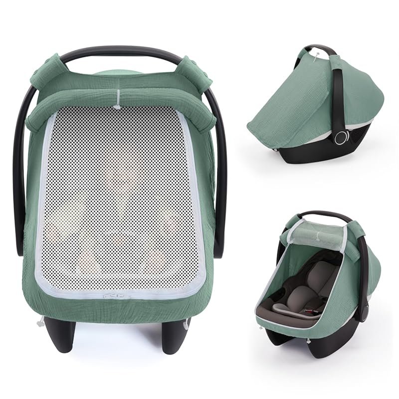 Blissful Diary Muslin Baby Car Seat Cover, Breathable Canopy with Mesh